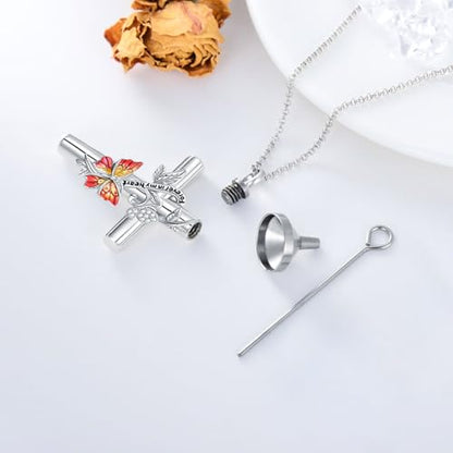 SOULMEET Enamel Butterfly Cross Urn Necklace for Ashes, Cross Moissanite Butterfly Ashes Necklaces with Forever in My Heart Engraved Keepsake Cremation Locket Jewelry for Women Men - color: C-Red, style: Custom Engraved