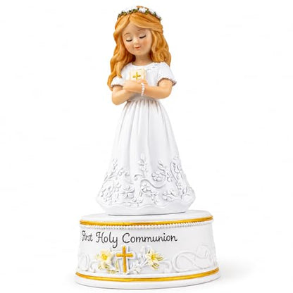 AIDLNS First Holy Communion Gifts for Girls, Plays The Lord's Prayer, Catholic Music Box Keepsake, Hand-Painted Resin White Dress Girl Figurine, Religious Collectible Decor