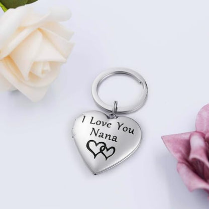 PHOCKSIN Silver Heart Locket Keychains for Women Gold Custom Locket Key Chain Personalized Picture Locket for Birthday Gifts - color: #14 Heart Silver Nana, style: Regular(no Customize)