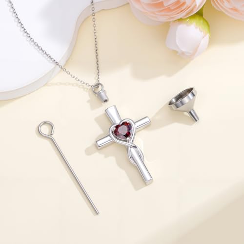 YYB Urn Necklace for Ashes Women Heart Birthstone Cross Cremation Jewelry | Memorial Keepsake Funeral Jewelry for Loved Ones (with Funnel Filler) - color: 01-Jan-Garnet