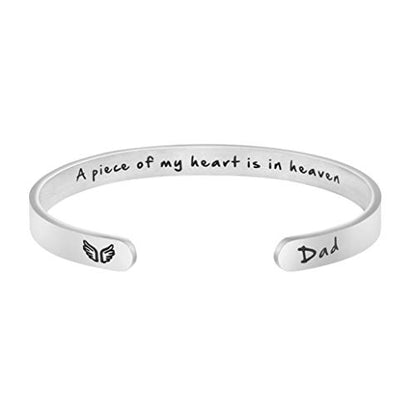 Memorial Gifts for Loss of Mom Dad In Memory of Jewelry Sympathy Bracelet | Bereavement Cuff Secret Message Engraved Grief Gifts for Women - style: Dad Memorial-A piece of my heart is in heaven