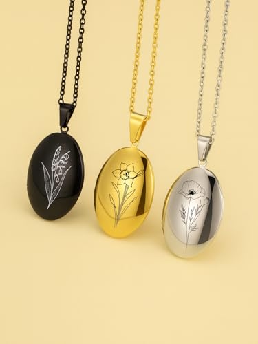 Custom Photo Locket Necklace Women Personalized Text Birth Flower Necklace that Hold Picture Stainless Steel Memorial Jewelry for Mothers Day Christmas - color: Black