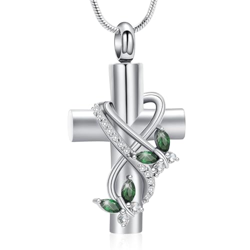 Urn Necklaces for Ashes Butterfly Cremation Jewelry for Ashes for Human Cross with Crystal Butterfly Memorial Ash Pendant Keepsake Jewelry Gifts for Loss of Loved One - color: Silver-green