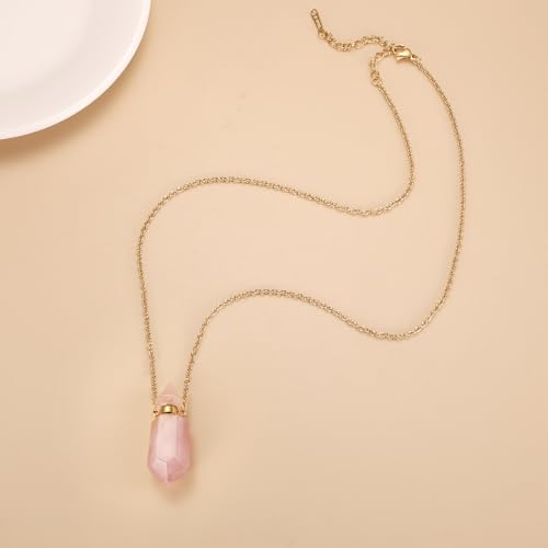 Gold Stainless Steel Urn Necklace For Ashes Of Loved Ones Natural Crystal Gemstones Cremation Keepsake Jewelry Hexagonal Prism Memorial Pendant For Women Mom - color: Pink