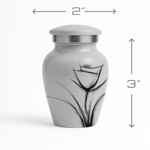 Custom Gray Flower Mini Urn – Personalized Text – Small 3" Keepsake Cremation Urn for Human Ashes – Drawn Tulip Design – Velvet Bag, Box & Funnel – Made in USA - color: Customized Gray, size: Small