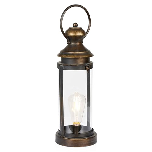 Alpine Corporation ILT102HH-S-GD Gold Metal & Glass Lantern with Warm White LED Light, LED Patio Light, 17" H, Small, Gold - style: 19" H - Gold Metal and Glass w/ Light