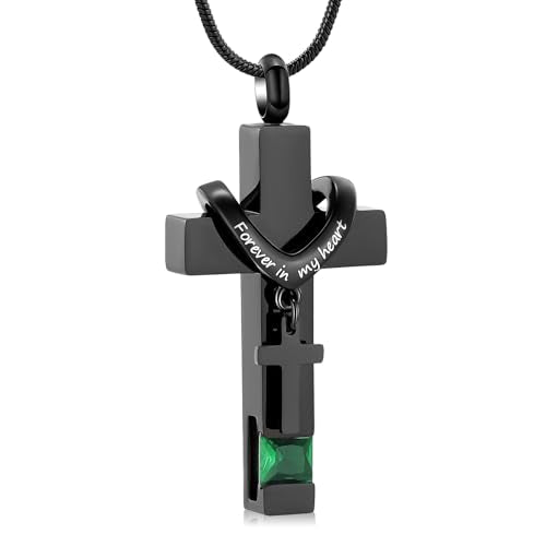 Cross Cremation Jewelry Urn Necklace for Human Ashes for Women Men Memorial Ashes Keepsake Birthstone Pendant - color: Black-Green