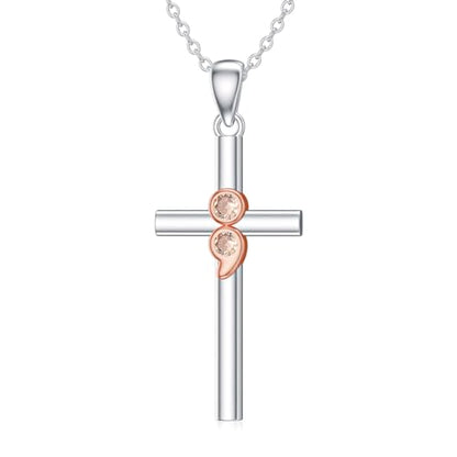 PROESS Cross Necklace for Women Men Sterling Silver Rose/Sunflower Cross Pendant Religious Jewelry Christmas Birthday Mothers' Day Gifts - color: 07-Semicolon
