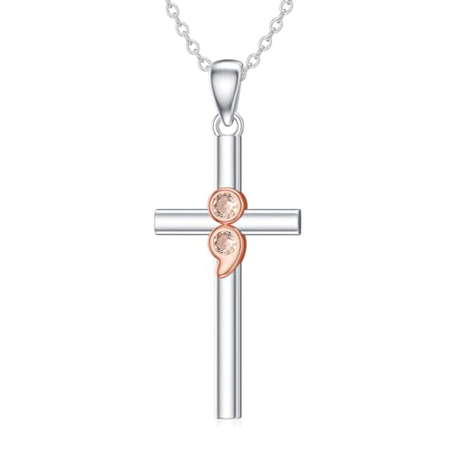 PROESS Cross Necklace for Women Men Sterling Silver Rose/Sunflower Cross Pendant Religious Jewelry Christmas Birthday Mothers' Day Gifts - color: 07-Semicolon