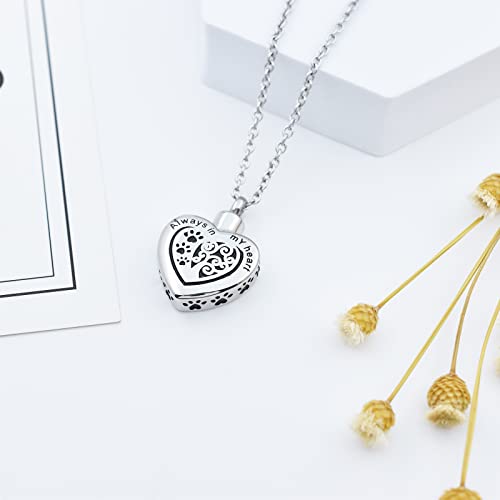 Heart Pet Urn Necklace for Ashes Dog Cat Paw Print Memorial Keepsake Jewelry Always In My Heart Engraved Pet Ashes Casket Tree of Life Pet Cremation Urn Pendant Necklace - color: Silver