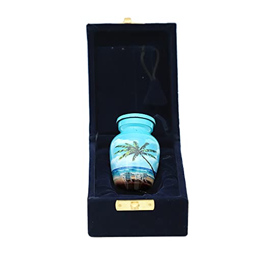 HLC Blue Beach Small Keepsake - Keepsake Urn with 1 Velvet Box Bag-Mini Keepsake Urn - Ashes Urn 3" H x 2.5" W x 2.5" L
