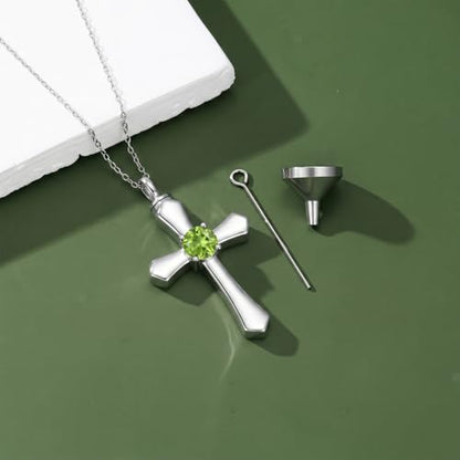 YYB Urn Necklace for Ashes Women Heart Birthstone Cross Cremation Jewelry | Memorial Keepsake Funeral Jewelry for Loved Ones (with Funnel Filler) - color: 08--Peridot August