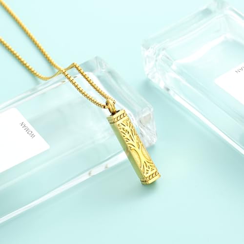 Tree of Life Urn Necklace, Stainless Steel Memorial Ashes Pendant | Tree of Life Cremation Jewelry Stainless Steel Locket Vertical Bar Keepsake Necklace Jewelry for Women Men Human Ashes - color: Gold