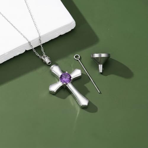 YYB Urn Necklace for Ashes Women Heart Birthstone Cross Cremation Jewelry | Memorial Keepsake Funeral Jewelry for Loved Ones (with Funnel Filler) - color: 02--Amethyst February