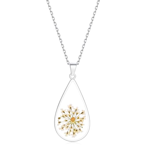 AUNTESIGN Forget-Me-Not and Queen Anne's Lace Pressed Wildflower Necklace | Birth Month Flowers Necklace | Gold/Silver Pressed Flower Jewelry | Mother's Day | Gift For Her - color: 925 Sterling Silver Mustard Seed Necklace