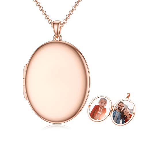 SOULMEET 10K 14K 18K Solid White Gold/Silver Minimalist Style/Infinity Sunflower Heart/Oval Locket Necklace That Holds 1 or 2 Pictures Personalized Photo Locket Necklace Letters Engraving - style: E3-Rose gold oval locket+photo