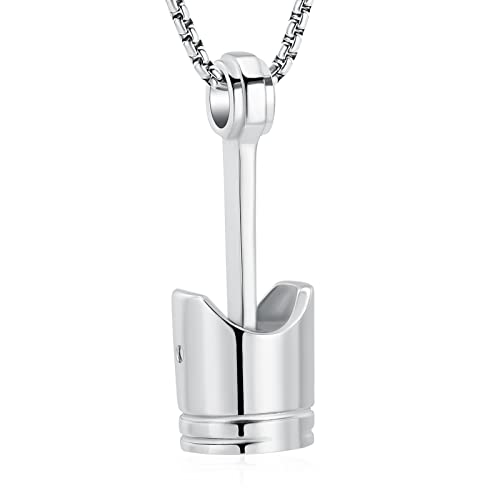 Car Parts Stainless Steel Piston Cremation Urn Necklace For Men Keepsake Memorial Jewelry Hold Ashes - color: Silver Tone
