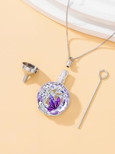 TOUPOP Butterfly Necklace for Women 925 Sterling Silver Tree of Life Butterflies Dragonfly Hummingbird Pendant Necklaces Crystal Jewelry Anniversary Christmas Birthday Gift for Her - color: Butterfly Purple - Urn