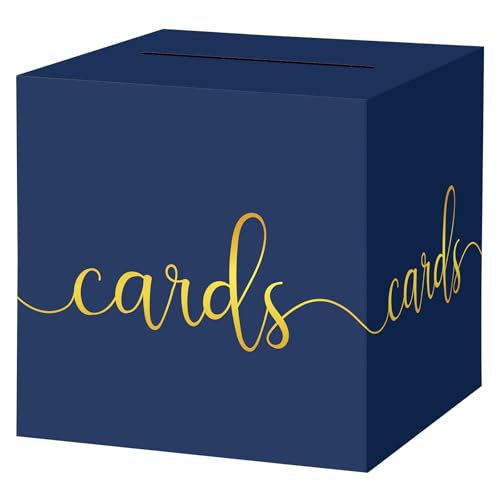 Hooqict Navy Blue Card Box with Slot 9.1" Gold Foil Gift Card Box for Party, Graduation, Wedding Reception, Birthday, Retirement, Baby Shower, Raffle Ticket Money Envelope Holder - color: Navy Blue Gold