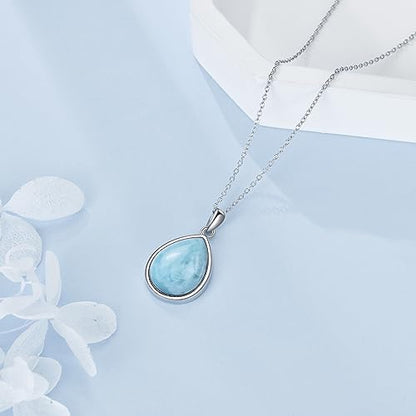 CRMAD Larimar/Opal/Lapis Lazuli/Tourmaline/Malachite/Labradorite/Turquoise/Onyx/Rose Quartz/Amber/Peridot Necklace for Women 925 Sterling Silver Teardrop Pendant Jewelry Gifts - color: Larimar