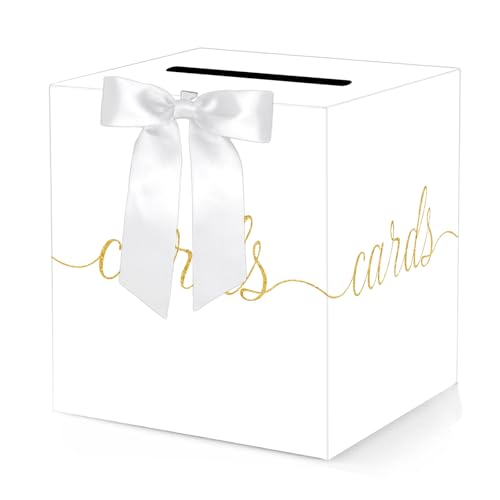 White Wedding Card Box, White Bow Card Box for Party, Graduation, Wedding Reception, Birthday, Baby Shower, Raffle - color: White gold bow card box