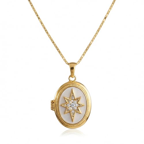 Personalized Printed Photo Locket Necklace for Women and Men, Custom Picture Pendant with Optional Back Engraving, 18K Gold-Plated Heart, Round and Unique Shapes, Memorial Gift - color: Astra