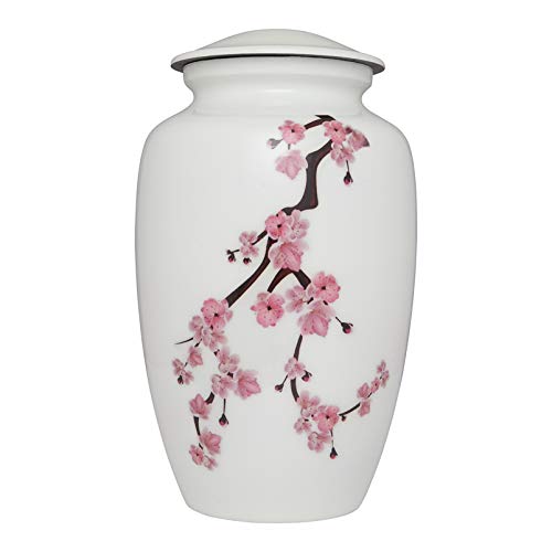 Liliane Memorials Pink Cherry Blossom Flowers Cremation Urn - White Funeral Urn for Human Ashes - Hand Made in Aluminum - Suitable for Cemetery Burial or Niche - Large Size fits Remains of Adults - color: Blossom