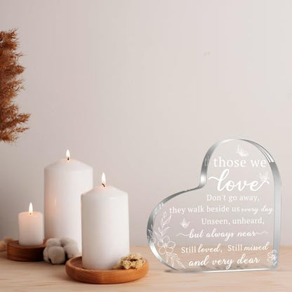 Bereavement Acrylic Heart Sign Gifts, Those We Love Don't Go Away Sign Gifts, Sympathy Gift for Loss of Loved One Remembrance Decor, Acrylic Memorial Gift, Table Decor(white)