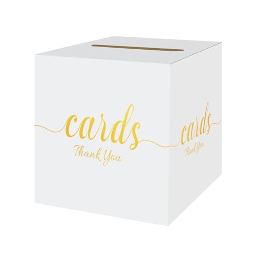 White and Gold Card Box for Party Graduation, Baby Bridal Shower, Birthday, Funeral, Wedding 7.8 x 7.8 x 7.8 In Gift Card Holder Box for Reception Raffle Voting Box with Slot - color: WhiteGoldTks