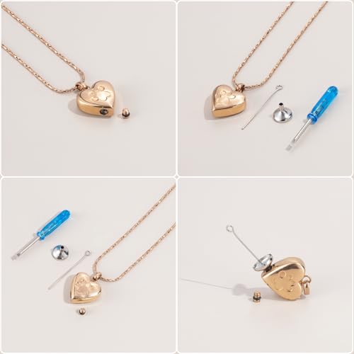 Paw Print Heart Urn Necklace for Pet Ashes Cremation Jewelry Memorial Keepsake Pendant for Dog/Cat Stainless Steel Ash Holder Necklace - color: Rose Gold