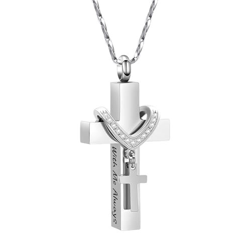 Cross Urn Necklace for Ashes Cremation Jewelry with Mini Keepsake Engraved Memorial Ash Pendant for Loved Ones Sympathy Gift - With Me Always - color: Silver-With Me Always