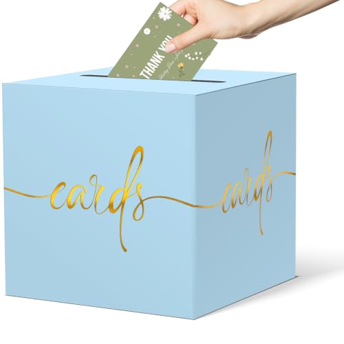 Light Blue Card Box with Gold Foil Design, Paperboard 8.7" Gift Card Holder for Wedding Graduation Birthday Party Reception Retirement Anniversary Bridal & Baby Shower - color: Light Blue Card Box with Gold Foil, size: 8.7×8.7×8.7Inch(1 Pack)