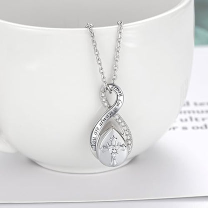 ZOEXUE Infinity Cross Cremation Jewelry - S925 Sterling Silver Cross Urn Necklace for Women - Birthstone Cross with Heart CZ Ashes Keepsake Pendant Memorial Urn Jewelry Gift for A Loss Loved Ones - color: White
