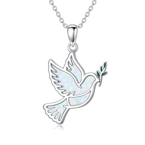Dove/Hummingbird/Red Cardinal/Dragonfly/Butterfly Necklace 925 Sterling Silver Turquoise/Opal/MoonStone/Crystal/Malachite Bird Necklace Dove Pendant Jewelry for Women Men - color: Dove White Opal