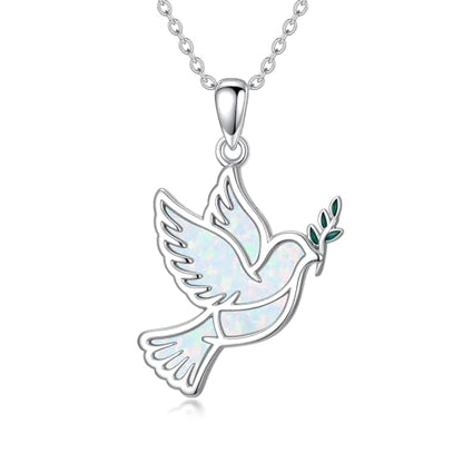Dove/Hummingbird/Red Cardinal/Dragonfly/Butterfly Necklace 925 Sterling Silver Turquoise/Opal/MoonStone/Crystal/Malachite Bird Necklace Dove Pendant Jewelry for Women Men - color: Dove White Opal