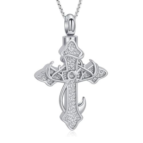 zeqingjw Cross Urn Necklace Fish Hook Cremation Jewelry for Ashes Pendant Stainless Steel Deer Antler Cross Memorial Human Pet Keepsake Ashes Holder for Men Women - color: Z-Silver