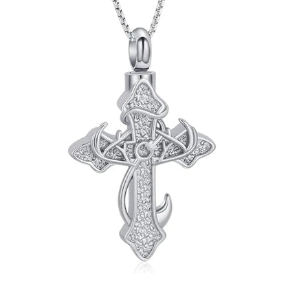 zeqingjw Cross Urn Necklace Fish Hook Cremation Jewelry for Ashes Pendant Stainless Steel Deer Antler Cross Memorial Human Pet Keepsake Ashes Holder for Men Women - color: Z-Silver