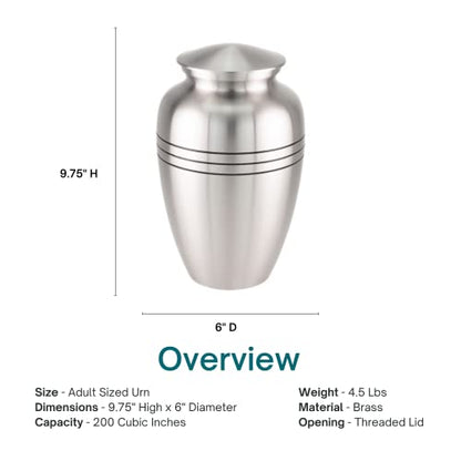 Classic Three Bands Pewter Cremation Urn for Ashes, Brass, Silver Urn, Adult Sized Cremation Urn, 9.75 Inches High - size: Adult Urn