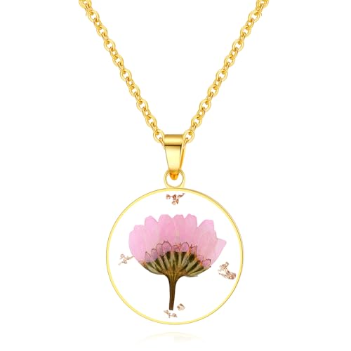 AUNTESIGN Forget-Me-Not and Queen Anne's Lace Pressed Wildflower Necklace | Birth Month Flowers Necklace | Gold/Silver Pressed Flower Jewelry | Mother's Day | Gift For Her - color: Aster Necklace (September Birth Flower)