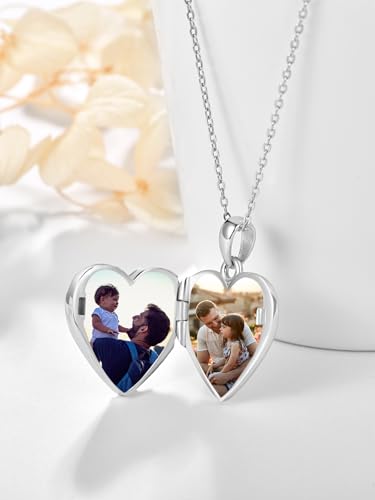 TANGPOET Heart Locket Necklace for Women 925 Sterling Silver Photo Locket Holds Two Pictures Inside Memorial Keepsake Jewelry Gifts for Mothers Day Birthday Christmas - style: E02-Dad Daughter