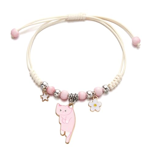 POYAMUSE Lovely Cat and Flower Strand Bracelet - Colorful Beads, Adjustable for Women - color: Pink