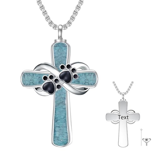 Turquoise Cross Urn Necklaces for Human Ashes 925 Sterling Silver Urn Necklaces Cremation Keepsake Memorial Pendant Necklace for Ashes for Loved One Human Pet - style: Paw Print&Black-Text