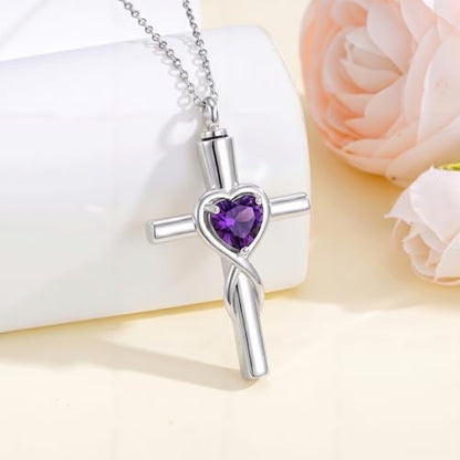 YYB Urn Necklace for Ashes Women Heart Birthstone Cross Cremation Jewelry | Memorial Keepsake Funeral Jewelry for Loved Ones (with Funnel Filler) - color: 02-Feb-Amethyst