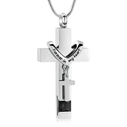 Forever in My Heart Birthstone Personalized Double Cross Urn Pendant Cremation Jewelry for Ashes Cross Ashes Keepsake - color: Silver-Black