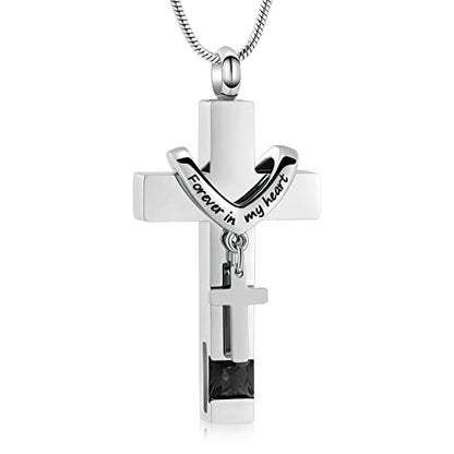 Forever in My Heart Birthstone Personalized Double Cross Urn Pendant Cremation Jewelry for Ashes Cross Ashes Keepsake - color: Silver-Black