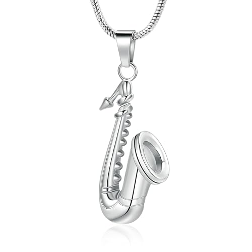 memorial jewelry Music Urn Saxophone Horn Chain Necklace Cremation Ash Keepsake Pendant - color: Silver