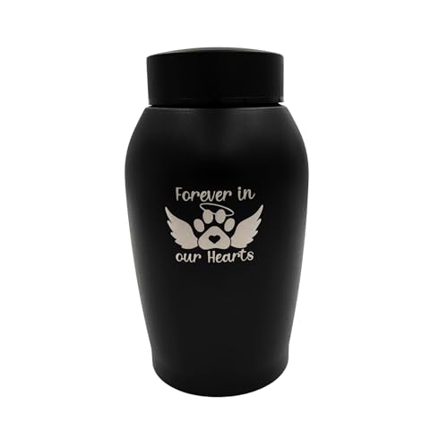 Pet Cremation Urn Engraved Stainless Steel | for Medium Pets up to 70 Pounds | Black | Beautiful Memorial for Dogs, Cats, Birds, Rabbits, Horses, and More - color: Black - Forever in Our Hearts, size: Medium