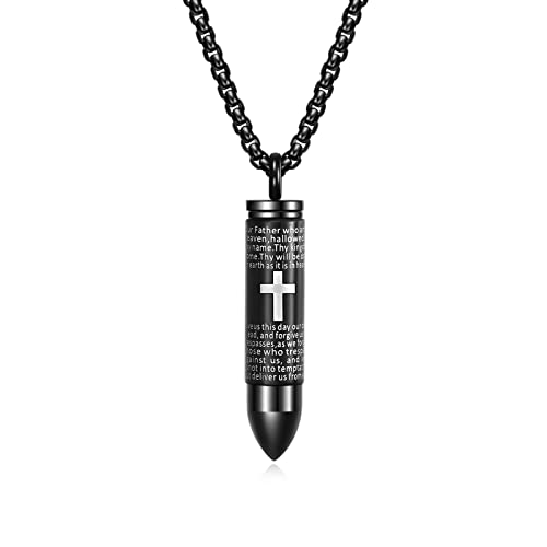 Rnivida Stainless Steel Urn Ashes Pendant Necklace with Cross Bible Verse, Urn Necklace for Men - color: Black - Lord's Prayer