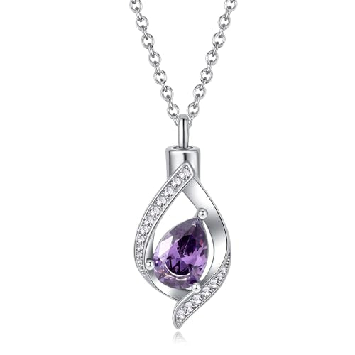 Teardop Cremation Jewelry Urn Necklace for Human Pet Ashes CZ Heart Stainless Steel Urn Pendant Memorial Jewelry Sympathy Gift - color: purple