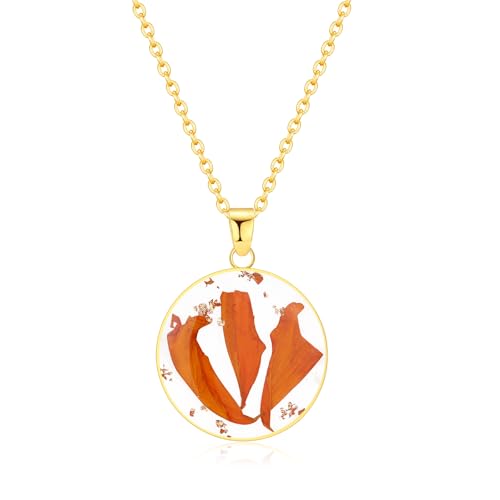 AUNTESIGN Forget-Me-Not and Queen Anne's Lace Pressed Wildflower Necklace | Birth Month Flowers Necklace | Gold/Silver Pressed Flower Jewelry | Mother's Day | Gift For Her - color: Marigold Necklace